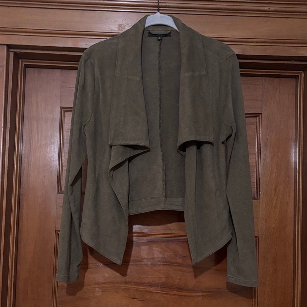 Olive Green Faux Suede Draped Open-Front Jacket - Women